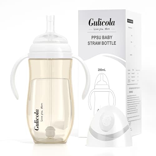 Gulicola Baby Bottle with Straw, Weighted Straw Sippy Cup with Handle, BPA Free PPSU, 6 Months Plus, 9 oz - Clear