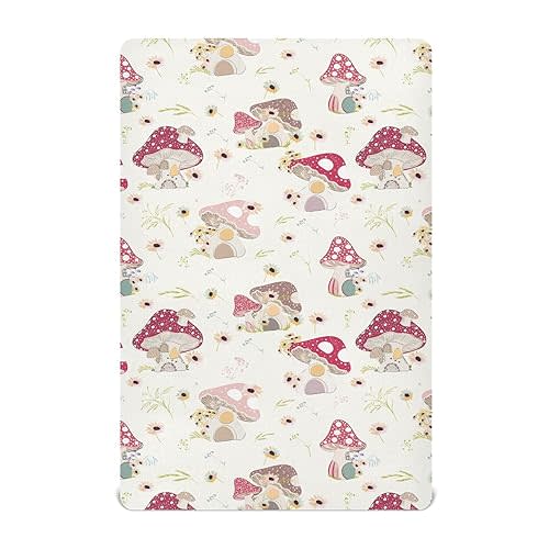KICPOAY Fitted Crib Sheets Mushroom with Daisy Stretchy Portable Playard Sheets for Baby Toddler, Breathable Soft Mini Crib Mattress 52 x 28 in for Boys and Girls