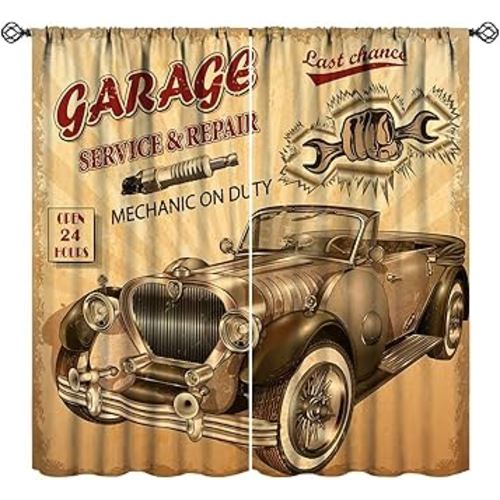 Vintage Garage Retro Curtains,1950s Old Classic Antique Car Theme Nostalgic Country Repair Pattern Drapes Window 2 Panel Rod Pocket Curtain for Bedroom Living Room Decor 20.5" W X 45" L 30%