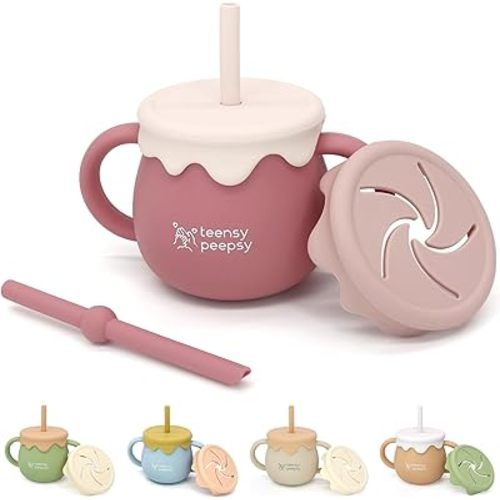 Honey Pot 3-in-1 Silicone Sippy Cup with Straw & Snack Cup for 6 months+ 8.5oz, Baby Straw Cup for Baby Girl Gift, Toddler Smoothie Cup, Baby Water Cup for BLW Training (Pretty in Pink)