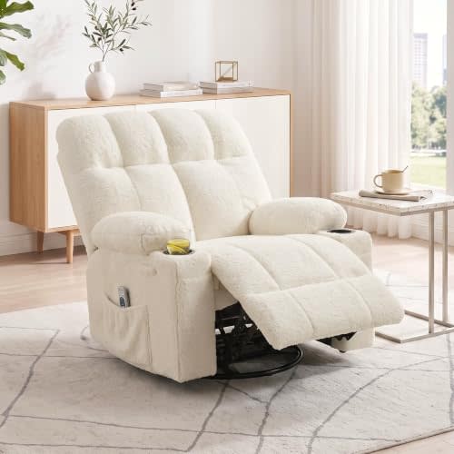 IDEALHOUSE Oversized Rocking Recliner Chair with Heat and Massage, Beige | 38.5" Swivel Rocker Recliner, Side Pockets, Cup Holders, Reclining Chair for Living Room, Bedroom, Terry Cloth