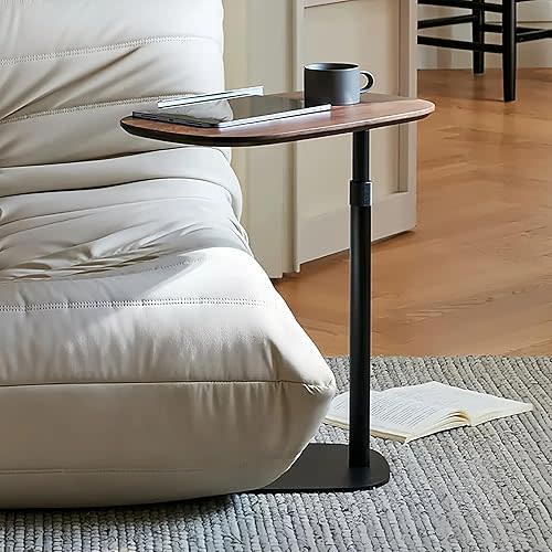 Modern Minimalist C Shaped Side Table, Wooden Sofa Table with Adjustable Height and Swivel Top, Laptop Desk for Living Room, Bedroom, Study and Small Spaces, Walnut Wood