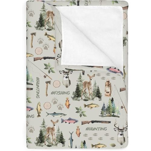 Fishing Hunting Baby Blankets for Boy Girl Bass Fish Deer Paws Green Forest Soft Flannel Nursery Bed Blankets for Infant Toddler Crib Nature Hunting Animals Swaddle Receiving Blanket 40x50inch
