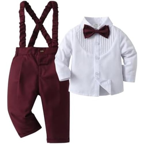 Baby Boys Pants Sets, Infant Long Sleeve Shirt + Pants + Bow Tie + Suspenders,Toddler Gentleman Outfits