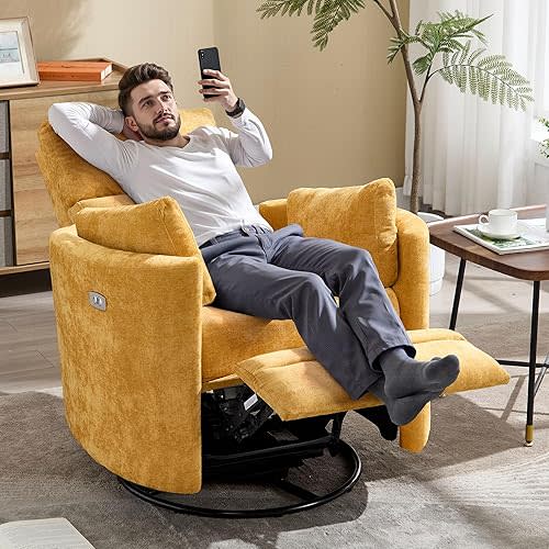 Power Recliner,Nursery Chair Swivel Glider Rocking Chair with USB Port,Upholstered Electric Recliner Rocking Chair for Adults with 2 Pillows for Living Room Bedroom (Yellow,Power-Driven)