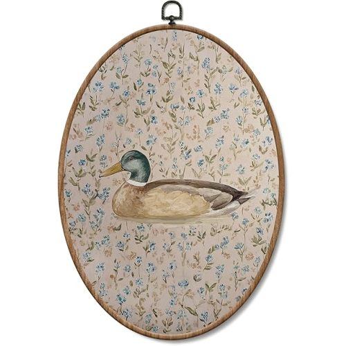 Yorhifa Boho Mallard Duck Nursery Framed Wall Art, Cottagecore Botanical Floral Duck Oval Wall Art, Country Wildlife Waterfowl Oval Walls Decor, Rustic Canvas Artwork Hanging Decor, 8.5x11.5in