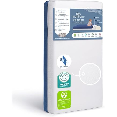 Serta CloudCool Crib and Toddler Mattress, Breathable, Machine Washable Cover, Waterproof, Hypoallergenic, Greenguard Gold Certified Baby Mattress