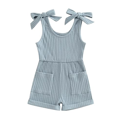 OikMombiu Toddler Baby Girl Sleeveless Jumpsuit Solid Ribbed Knitted Romper Shorts Overalls One-Piece Outfit Summer Clothes