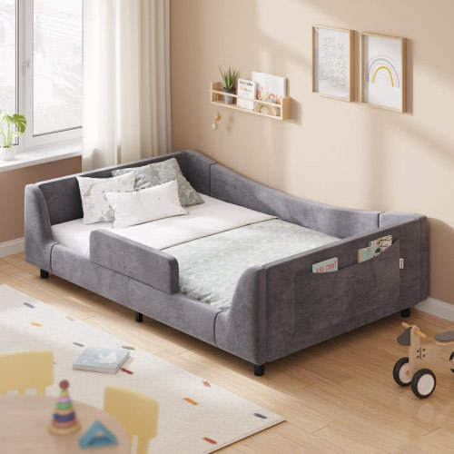 Wrought Studio™ Floor Bed, Low Montessori 2-in-1 Convertible Beds, With Slats And High Rails, Upholstered Teddy Boucle, Curve Round Frame For Girls And Boys, No Box Spring Needed, Easy Assemble, Beige & Reviews | Wayfair