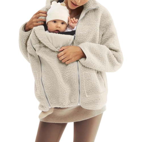 Maternity Women Sherpa Fleece Baby Carrier Jacket Casual Fuzzy 2 In 1 Baby Wearing Long Sleeve Coat Loose Lightweight Winter Warm Outwear