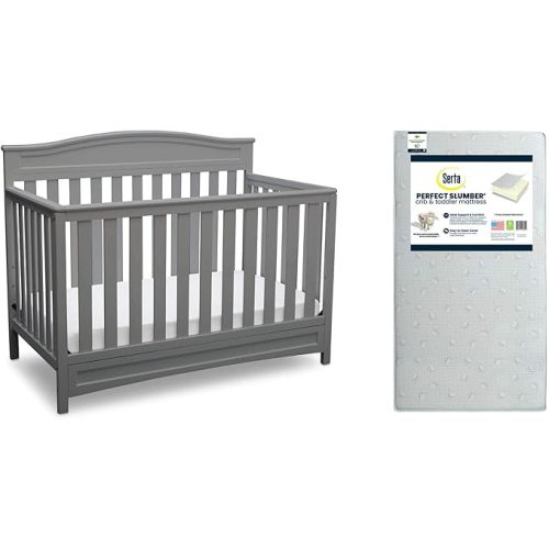 Delta Children Emery 4-in-1 Convertible Crib, Grey + Serta Perfect Slumber Dual Sided Recycled Fiber Core Crib and Toddler Mattress (Bundle) - 4-in-1 Crib + Mattress