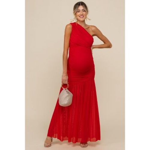Pinkblush Red Ruched Mesh One Shoulder Maternity Maxi Dress Small