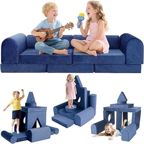 Modular Kids Play Sofa Multifunctional Kids Sofa Convertible Foam Floor Mat Convertible Play Fort Inspire Children's Creativity and are made of Velvet Fabric for Both Boys and Girls (Dark Blue)