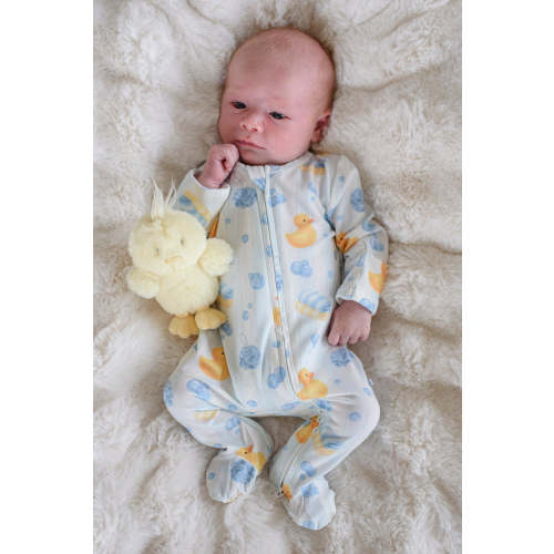 Bamboo Zipper Footie Pajamas | Bubble Duckies Blue