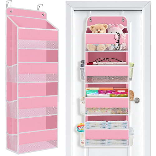 Over the Door Organizer, 4 Large Pocket Hanging Storage Organizer with 40lb Capacity, Space Saving for Nursery, Bathroom, Bedroom, Closet - Baby Essentials & Toiletry Organizer (Pink)