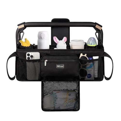TOPDesign Universal Baby Stroller Organizer, Stroller Caddy with Detachable Mesh Bag & Heightened Insulated Cup Holders & Non-Slip Secure Hooks Accessories, Fits Most Strollers (Black)