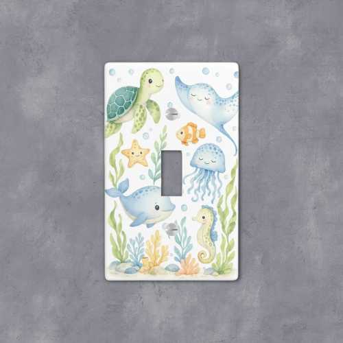 Under the Sea Nursery Light Switch Plate Cover, Watercolor Ocean Animals Switch Cover, Coastal Nursery Decor, Whale Turtle Room Wall Plate