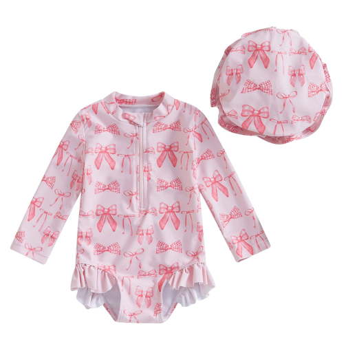 Povozer Girls Swimsuit 2 Piece Bathing Suit 2025 Infant Baby Swimsuit Girl Long Sleeve UPF 50+ Sun Protection One-Piece Rash Guard with Hat Zipper Bathing Suit for 0-3 Months,Light Pink