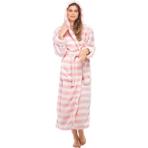 ADR Womens Fluffy Robe, Fuzzy Robe for Women, Long Hooded Robes for Women, Plus Size Robe Pastel Stripes Medium