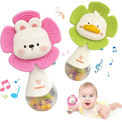 Weirtoya 2 PCS Baby Rattles Teething Toys 3-6 Month, Baby Toys for 0-12 Months Sensory Toys Infant Toys 0-6 Months, Newborn Boys and Girls Must Haves Toys Babies Gifts