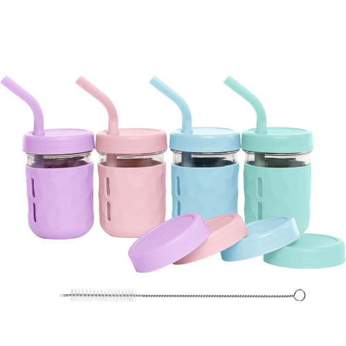 WeeSprout Glass Cups with Lids & Straws, Spill-resistant Cups for Toddlers & Kids - 8/12oz, Set of 4