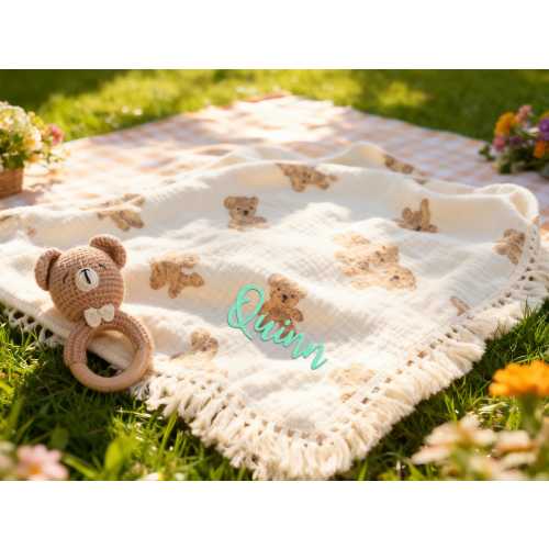 Personalized Teddy Bear Organic Muslin Swaddle Blanket | Custom Baby Gift