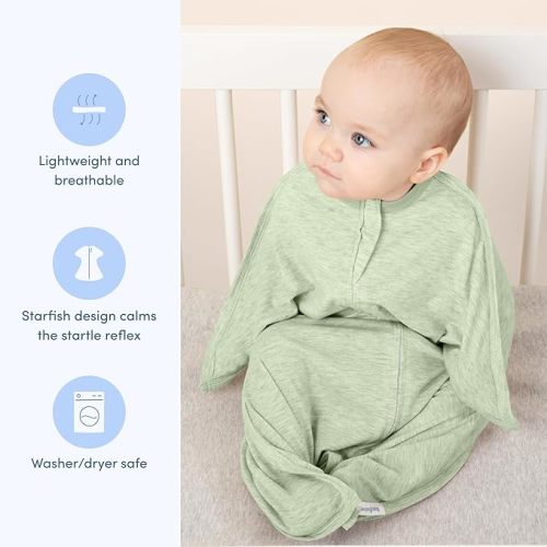 SleepingBaby Zipadee-Zip Transition Swaddle - Cozy Baby Swaddling Blanket with Zipper Convenience - Roomy Wearable Blanket for Easy Diaper Changes - 6-12 Month - Zen Garden Green Heather