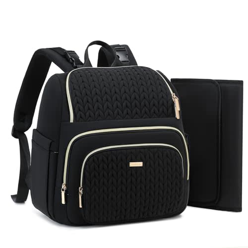 MAPLELILY Large Diaper Bag Backpack, Stylish Baby Travel Diaper Bag, Black | Lightweight maternity hospital backpack. With changing pad, stroller straps, insulated pocket. Mom, dad, toddler