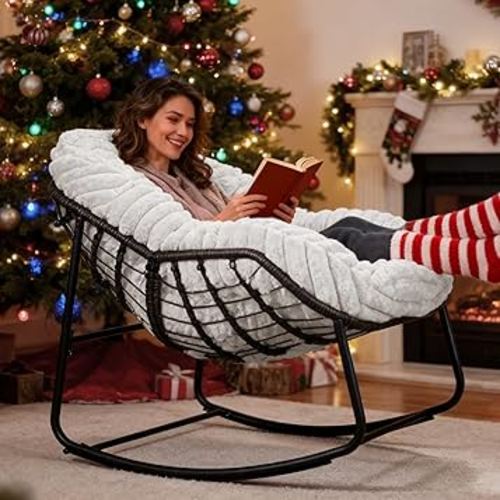 Outdoor Rocking Chair, Patio Wicker Egg Chair, Indoor Comfy Oversized Papasan Chair with Padded Cushion, Royal Rattan Rocker for Front Porch, Garden, Patio (Light Grey)