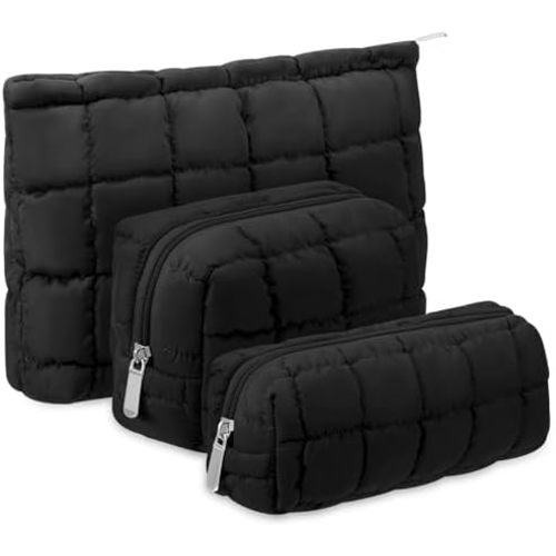 3 Pcs Puffy Makeup Bag Quilted Cosmetic Pouch for Women Cute Checkered Travel Toiletry Bag Puffer Makeup Organizer Purse Pouch Preppy Pencil Case with Zipper