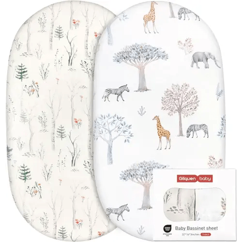 Gllquen Baby Bassinet Crib Sheets Set, Breathable Cozy Fitted Mattress Sheet, Elastic Travel Crib Fashionable Floral Pattern, Standard Cradle Safe Sheets for Baby Boy Girls 32"X16" (Forest)