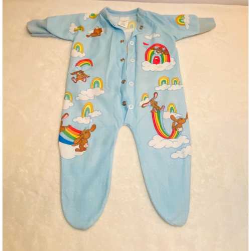 Vintage 1984 Newborn Footed Sleeper Pajamas | Rainbow Bunny One Piece Baby Romper | Retro Blue Infant Sleepwear | 80s Baby Clothing