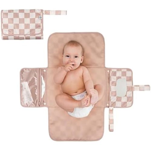 Tiny Twinkle Portable Diaper Changing Pad – Foldable, Waterproof & Compact Travel Changing Mat with Storage | Smart Wipes Pocket for On-The-Go Parents(Beige Checkers)