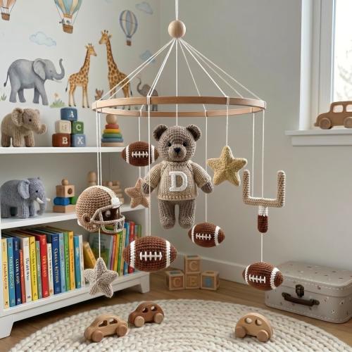 Baby Vintage Nursery Mobile, Sport Bear Mobile, Football Bear Mobile, Sports Nursery Decor, Baby Boy Shower Gift Idea, Baby Shower Gift