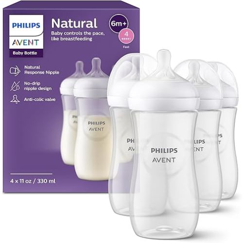 Philips Avent Natural Baby Bottles with Natural Response Nipples (Fast Flow, Flow 4), 11oz, 4-Pack, SCY906/04