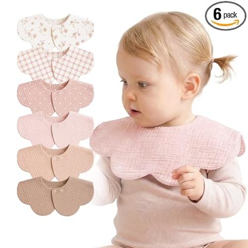 MairMore 6-Pack Muslin Baby Bibs, 360° Rotate Flower-Shaped Drool Bibs