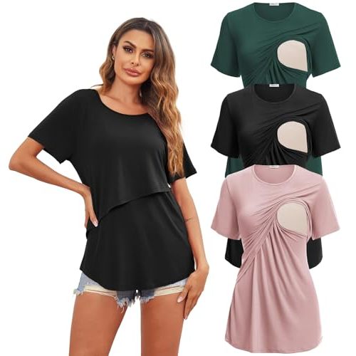 Ekouaer Women's Maternity Shirts Short Sleeves Nursing Tops 3 Pack Double Laye Breastfeeding Tees Pregnancy Clothes S-XXL