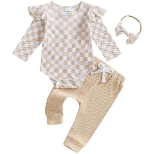 Hnyenmcko Newborn Baby Girl Fall Outfits Rib Frill Long Sleeve Ruffled Romper Solid Pants Headband Set 3Pcs Winter Clothes