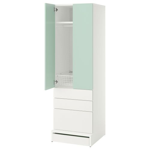 SMÅSTAD / UPPFÖRA Wardrobe - white light green/with 3 drawers 23 5/8x25 5/8x77 1/8 "