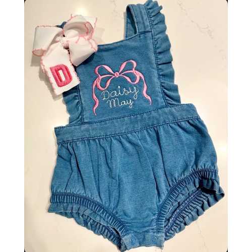 Denim Romper Embroidered Bow!