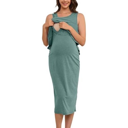 OUGES 2026 Sleeveless Maternity Nursing Dresses for Women Crew Neck Midi Length Easy Breastfeeding Clothes S-XXL