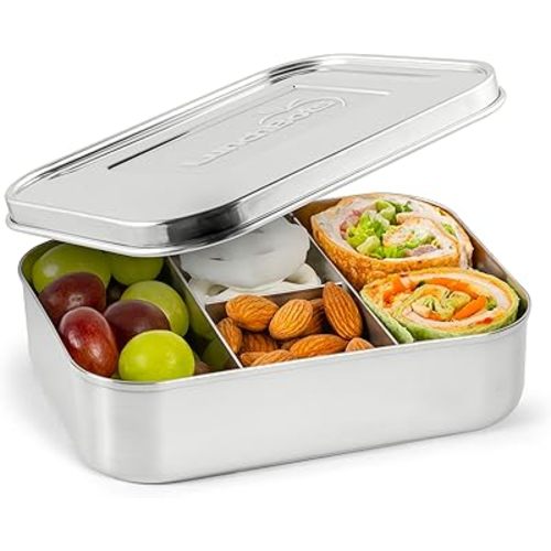 LunchBots Small Protein Packer Bento Box - Extra Small Divided Stainless Steel Snack Container - 4 Sections for 1-2oz of Nuts, Meat, Cheese, Finger Foods - Dishwasher Safe - Stainless Lid