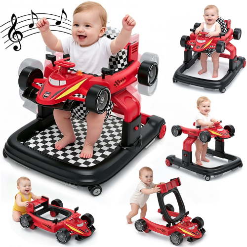 COLIKES Baby Walker Boys, 5 in 1 Walkers for Babies 6-12 Months with Wheels, Push Adjustable Infant Activity Bouncer for Girls, Red Car
