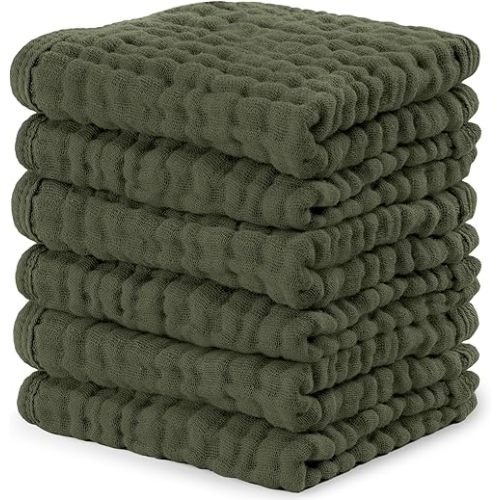 Comfy Cubs Muslin Baby Washcloths 6 Pack - Soft 6-Layer Cotton Wash Cloths for Sensitive Skin - 10"x10" Large, Gentle, Absorbent Infant Essentials for Newborn and Toddlers - Kelp