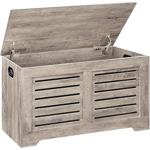 DINZI LVJ Storage Chest, Flip-Top Wooden Toy Box with 2 Safety Hinges, Retro Entryway Shoe Storage Bench, Sturdy Large Storage Trunk for Living Room, Bedroom, Easy Assembly, Greige
