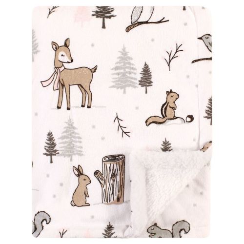 Hudson Baby Infant Girl Plush Blanket with Faux Shearling Back, Winter Forest, One Size
