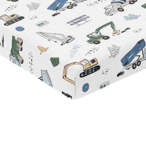 Sweet Jojo Designs Baby Boy Fitted 100% Cotton Muslin Crib Sheet Construction Truck Green and Blue