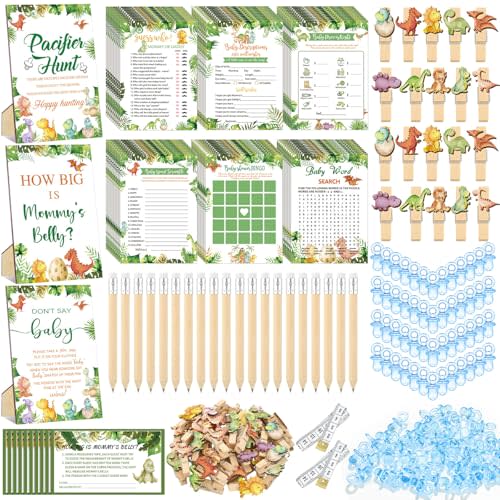 Sherr 476 Pcs Dinosaur Baby Shower Games 6 Sets Activities Cards Pacifier Hunt Game 50 Pacifiers How Big is Mommy's Belly Sign 50 Guessing Cards 2 Measuring Tape Don't Say Baby Sign 50 Clothespin