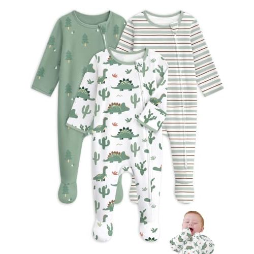 Unnivoll Baby Sleepers 100% Organic Cotton Baby Pajamas Boys Girls Clothes | Footie Pajamas for Newborn 0-3 3-6 6-9 Months, 3Pcs Soft Infant Footed PJs with Mitten Cuffs, Two Way Zipper, Long Sleeve