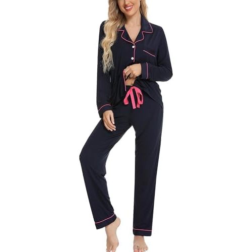 Leikar Button Down Pajamas for Women Soft Viscose Sleepwear Long Sleeve Pjs Set Maternity Nursing Postpartum Loungewear